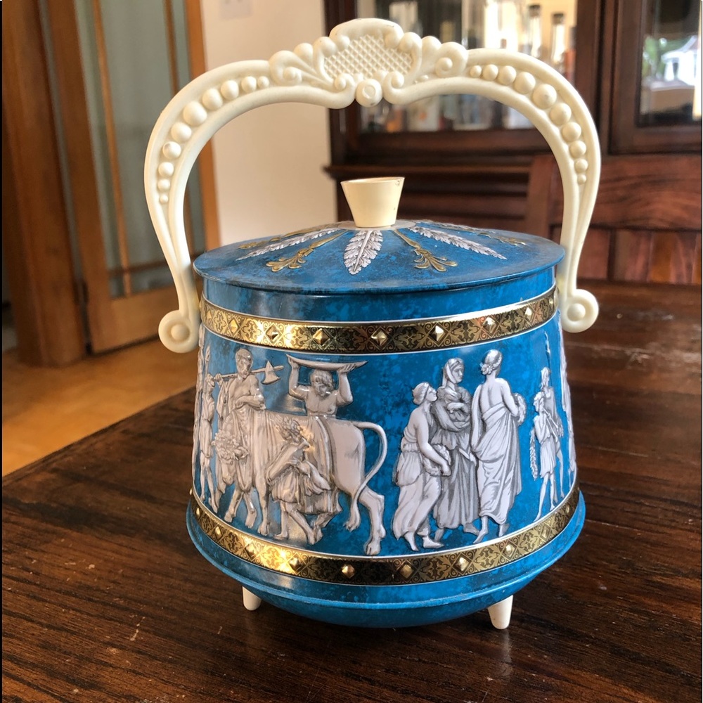 Greek print vintage tin